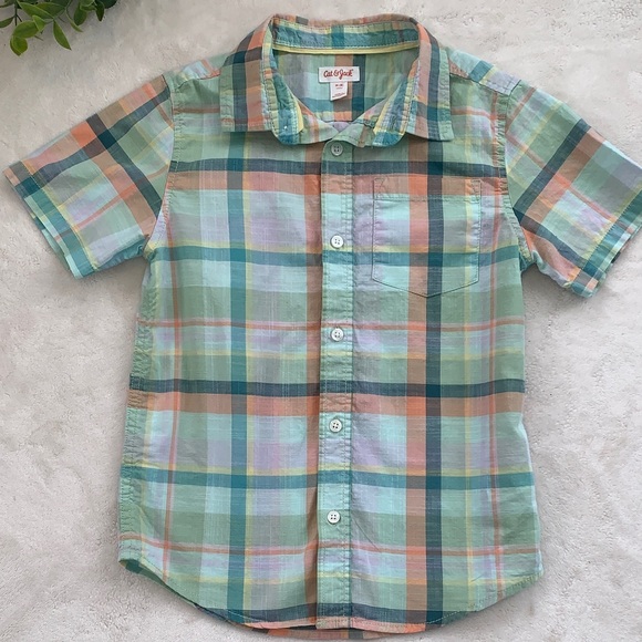 Cat & Jack Other - Cat & Jack Button Down Shirt 8 Short Sleeves Mint Green Orange EUC